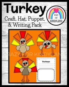 turkey craft, hat, puppet, and writing pack for kids to practice their handwriting skills