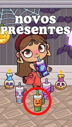 the girl is drinking from a cup in front of halloween decorations