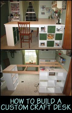 two pictures show the inside of a craft room