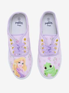 Rapunzel is jealous of everyone outside of the tower because they get to live their lives as they want. Live your best life with these Tangled lace-up sneakers! The features a purple floral print and the toes feature Rapunzel on one and her bestie Pascal on the other. Listed in women's sizes. Disney Women Shoes, Rapunzel Theme Quinceanera Shoes, Tangled Rapunzel Birthday Party Games, Disney Bound Rapunzel Casual, Tangled Birthday Games, Disney Tangled Party Favors, Rapunzel Birthday Party Games, Tangled Costume Adult, Rapunzel Shoes