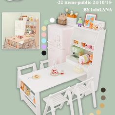 a dollhouse kitchen and dining table with accessories for dolls house furniture, including an icebox