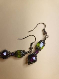 Vintage Boho Inspired Handmade Dangle Amethyst Facetted and Olvine Cathedral Czech Glass Beaded Earrings on Antique Style Ear Wires. - Etsy Vintage Jewelry Ideas, Peridot Color, Dope Jewelry, Earring Display, Custom Earrings, Dream Jewelry, Glass Earrings, Star Earrings, Czech Glass Beads