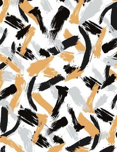 an abstract brush painted pattern in black, orange and grey colors on a white background