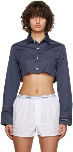 HommeGirls: SSENSE Work Capsule – Gray Cropped Shirt | SSENSE Cropped Button Up, Cropped Button Up Shirt Outfit, Androgynous Aesthetic, Cropped Button Up Shirt, Work Capsule, Designer Tops For Women, Blue Button Up Shirt, Denim Essentials, Crop Dress