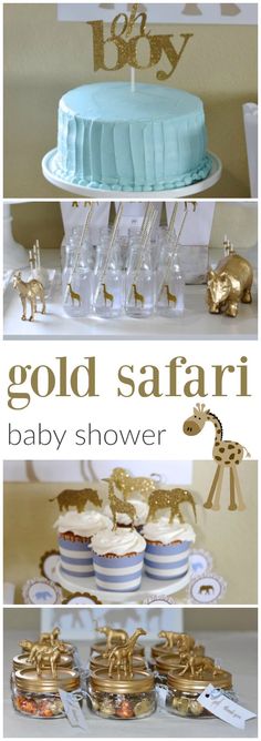 gold safari baby shower party with blue and white desserts