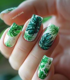 Rainforest Nails Design, Monstera Plant Nails, Plant Nail Designs, Tropical Manicure, Watermelon Nail Designs, Silhouette Nails, Watermelon Nail