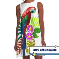 Loose-fit, mid-length sleeveless dress with silky handfeel. Printed on both sides. Machine washable. Size range XS-2XL. Parrot Tropical Bird Full Color Tropical Multicolor Sleeveless Mini Dress, Tropical Sleeveless Mini Dress With Print, Spring Tropical Sleeveless Midi Dress, Sleeveless Tropical Midi Dress For Spring, Tropical Bird, Tropical Birds, Dress For Sale, Both Sides, Pet Birds