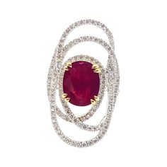 Ruby 4.03 carats with Diamond 1.26 carat Ring set in 18 Karat White Gold Settings Width: 2.0 cm Length: 3.2 cm Ring Size: 52 Total Weight: 12.41 grams "We first opened doors in 1980 when it was then situated in the vicinity of the Victory Monument; a small and modest storefront with a couple of counters. From its humble beginnings to where it stands today, our company has proven its abilities as a jeweler. Since the beginning, we have been supplying fine quality pieces to dealers, wholesalers an Luxury Oval Ruby Ring With Pave Setting, Oval Ruby Ring With Vvs Clarity Diamond, Oval Ruby Diamond Ring With Pave Setting, White Gold Ruby Ring, Fancy Diamond Ring, Color Rings, Ruby Diamond Rings, White Gold Set, Diamond Ring Settings