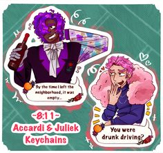 two stickers that have different types of characters on them, one with pink hair and the other with purple hair