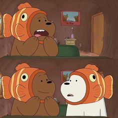 an animated image of two bears in the same room with one bear looking at another