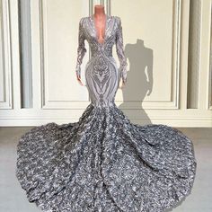 Silver Prom Dresses Long Sleeve, Silver Prom Dresses 2023, Fitted Gown With Detachable Train For Pageants, Silver Mermaid Dress For Wedding, Silver Mermaid Hem Evening Dress For Wedding, Fitted Floor-length Wedding Dress For Pageant, Prom Dresses 2023 Black, Silver Mermaid Dress For Wedding And Prom Season, Silver Mermaid Dress For Wedding And Prom