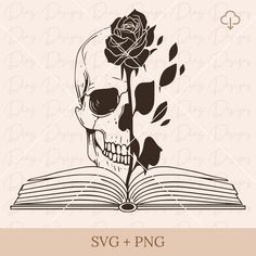 an open book with a skull and rose on it