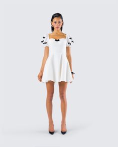 When you’re a sweetheart with a baddie side 😙 This white skater mini dress is made from crepe fabric and complete with mini black velvet bow details, puff sleeves, and a built-in corset for a look that gives the best of both worlds 🖤 Skater Mini Dress, Black Velvet Bow, Future Of Fashion, Welcome To The Future, Black Off Shoulder, Mini Skater Dress, No Waste, Graphic Top, White Jersey