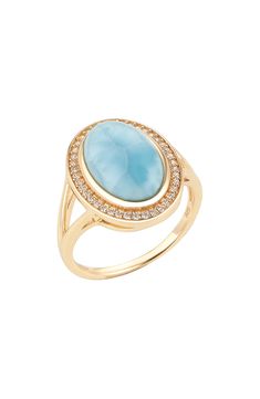 An easy-to-wear larimar ring will add significant polish to even your most casual ensembles. 0.6"W x 0.75"L setting 14k-gold plated sterling silver/larimar/glass Imported Larimar Ring, Larimar Rings, Affordable Jewelry, Halo Ring, Halo Rings, Gold Plated Sterling Silver, Nordstrom Rack, Halo, Gold Plate