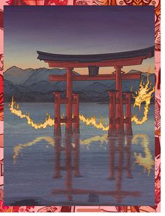 a painting of a floating shrine with flames coming out of the water and mountains in the background