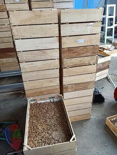 several wooden crates stacked on top of each other