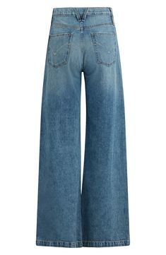 High-waist jeans with a perfectly faded wash and ripped knee are cut from nonstretch denim in a retro wide-leg silhouette. 30" inseam; 25" leg opening; 12" front rise 100% cotton Machine wash, tumble dry Imported Faded Ripped Wide Leg Flare Jeans, Wide Leg Ripped Faded Flare Jeans, Faded Ripped Wide Leg Jeans, High Waist Wide Leg Jeans, Waist Jeans, Hudson Jeans, Wide Leg Jeans, High Waist Jeans, Leg Jeans