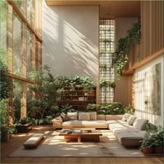 a living room filled with lots of furniture and plants on the windows sills