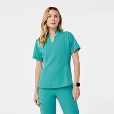 Official FIGS® Scrubs. Ridiculously Soft Scrubs Designed Just For You. Get Free Shipping On Orders $50+! | FIGS Womens Oasis Inala - Slim Scrub Top Figs Scrubs, Lab Coats, Top Graphic Tees, Scrub Pants, Princess Seam, Scrub Tops, Sports Leggings, Contrast Trim, Anti Wrinkle