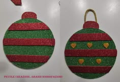 two christmas ornaments with glitter and hearts on them, one is green and the other is red