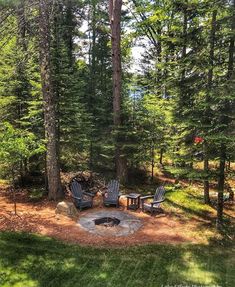 a fire pit in the middle of a forest with chairs around it and trees surrounding it