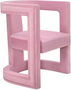 a pink chair sitting next to a small table on top of a white surface with an open end section