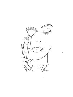 a drawing of a woman's face with makeup brushes in her hand