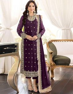 Designer Party Wear Faux Georgett Pakistani Suit Collection Purple Faux Georgette Pant Pakistani Suits Front View Suits Sharara, Purple Bottom, Pakistani Suit, Georgette Dupatta, Salwar Dress, Suit Collection, Net Dress, Bollywood Outfits, Utsav Fashion