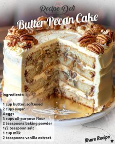 there is a cake that has been cut in half with the words butter pecan cake on it