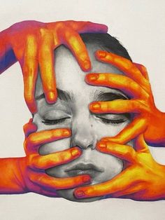 a painting of two people covering their faces with hands