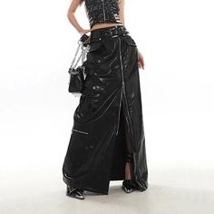 Size: L Punk Style Faux Leather Skirt, Edgy High-waist Faux Leather Skirt, Punk Faux Leather Skirt, Edgy High Waist Faux Leather Skirt, Chic Long Fitted Cargo Skirt, Edgy Leather Skirt For Club, Trendy High Waist Leather Skirt, Chic Leather Skirt For Club, Chic Leather Club Skirt