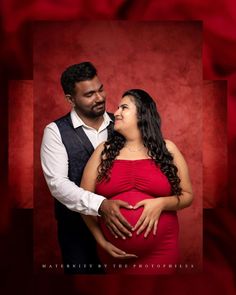 a man and woman standing next to each other in front of a red background with the words, marriage photography