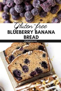 blueberry banana bread with icing on top and sliced in slices next to it