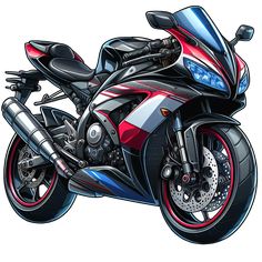 a red, white and blue motorcycle is shown on a white background with black accents