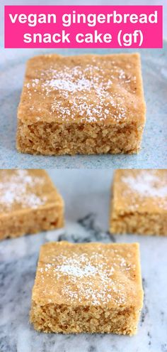 vegan gingerbread snack cake gf on a blue plate with white powdered sugar