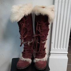 Burgundy Suede Fur Boots By Coach Made In Italy Soft Leather Lined, Mid Calf Lucy Boot, Skid Proof Soles, Side Zipper For Easy Wear, Size 6b, Worn Once Fur Boots, Easy Wear, Shoes Heels Boots, Mid Calf, Side Zipper, Shoes Women Heels, Soft Leather, Heeled Boots, Shoes Heels