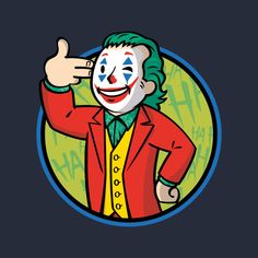 the joker is pointing at something with his hand and wearing a clown mask on it