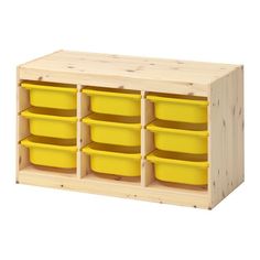 a wooden toy storage unit with yellow plastic containers on the bottom and two rows of bins below