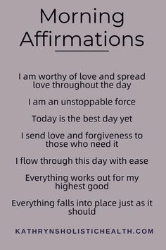 a poem with the words morning affirmations written in black on a gray background