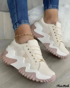 Olivia Mark - Muffin Lace-Up Color Block Trainers Athleisure Shoes, Color Combinations For Clothes, Summer Sneakers, Sport Shoes Women, Beige Shoes, Star Sneakers, Patent Leather Heels, Casual Sport Shoes, Wedge Sneakers