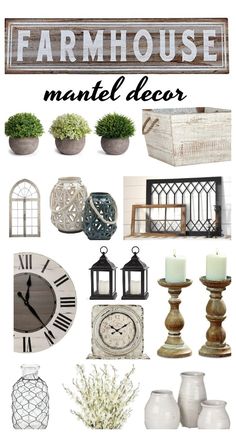 a collage of farmhouse decor with candles, vases and other things in it