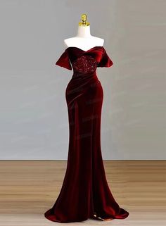 Vintage Inspired Off Shoulder Gothic Burgundy Beaded Velvet Formal Dress With High Slit - Plus Size - WonderlandByLilian Dark Velvet Dress, Off The Shoulder Burgundy Dress, Sweetheart Neckline Dress Formal, Red Gothic Bridesmaid Dresses, Vampire Formal Dress, Old Hollywood Red Dress, Beaded Prom Dress Fitted, Red Vampire Dress, Burgundy Dress Wedding