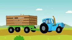 a blue tractor carrying a wooden crate on it's back in the middle of a field