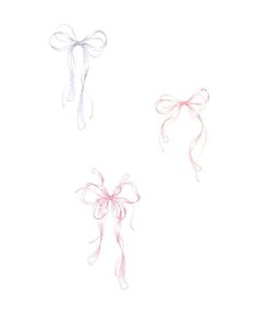 three different colored bows are shown in this drawing style, one is pink and the other is white