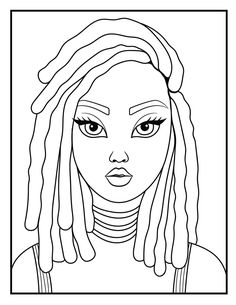 a black and white drawing of a woman with dreadlocks on her head, looking at the camera