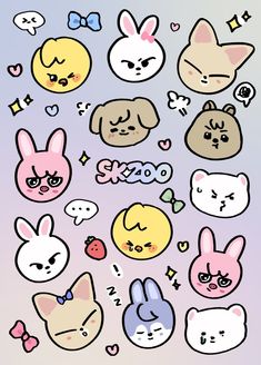 an assortment of stickers with different faces and expressions on them, all in pastel colors