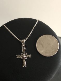 "Marcasite Cross Necklace, Sterling Silver Marcasite Cross Pendant, Crucifix Cross Necklace NECKLACE FEATURES: Metal: All components are made from solid .925 Sterling Silver Model is wearing 16\" in length solid .925 Sterling Silver Chain Length available: 16\", 18\" or 20\" Measurements: Marcasite Cross Pendant Height: 28 mm (1.1 inches) Your Marcasite Cross Necklace will arrive in a gift box, beautifully wrapped and ready for gifting Please send me a convo if you have any questions before plac Antique Cross Necklace For Gift, Antique Cross Necklaces For Jewelry Making, Antique Cross Necklace For Jewelry Making, Antique Silver Cross Pendant Necklace, Sterling Silver Crucifix Cross Necklace, Antique Sterling Silver Cross Pendant Necklace, Silver Tarnish-resistant Cross Pendant Jewelry, Vintage Sterling Silver Cross Pendant Necklace, Nickel-free Sterling Silver Cross Pendant Necklace