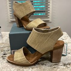 Brand New Beautiful, Comfortable Woven Heels By Toms. This Is The Majorca A Versatile Shoe, With A Slight Shimmer. Never Worn. In Box, With Tags. Beige Casual Sandals With Stacked Heel, Casual Beige Sandals With Stacked Heel, Beige Sandals With Wrapped Heel And Medium Width, Beige Sandals With Stacked Heel And Ankle Strap, Beige Open Heel Heels With Cushioned Footbed, Casual Beige Sandals With Heel Loop, Beige Open Toe Sandals With Stacked Heel, Casual Beige Sandals With Wooden Heel, Beige Open Toe Heels With Cushioned Footbed