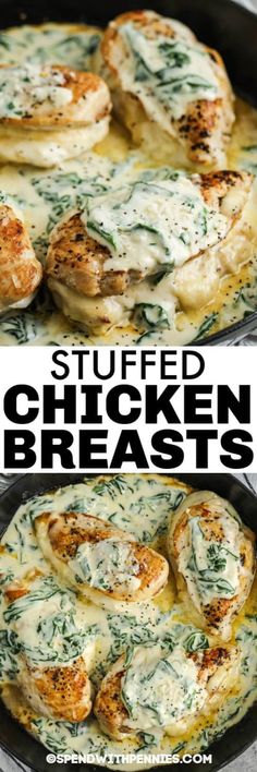 Stuffed Chicken Breasts - Spend With Pennies Mushroom Stuffed Chicken Breast, Spinach Cream Sauce, Creamy Spinach Sauce, Turkey Meatballs Healthy, Spinach Sauce, Stuffed Chicken Breast Spinach, Stuffed Chicken Breasts, Cheese Stuffed Chicken Breast, I'm Fat