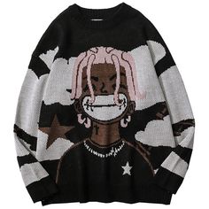 black and white knitted sweater with a black man with a big smile and pink hair Anime Knitted Sweater, Oversized Sweater Men, Anime Rapper, Harajuku Anime, Sweater Streetwear, Vintage Cartoons, Oversize Pullover, Style Hip Hop, Star Sweater